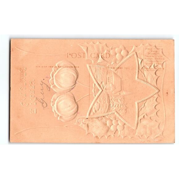 Vintage Embossed Christmas Postcard Star Church Holly Berries Airbrushed - Picture 2 of 2